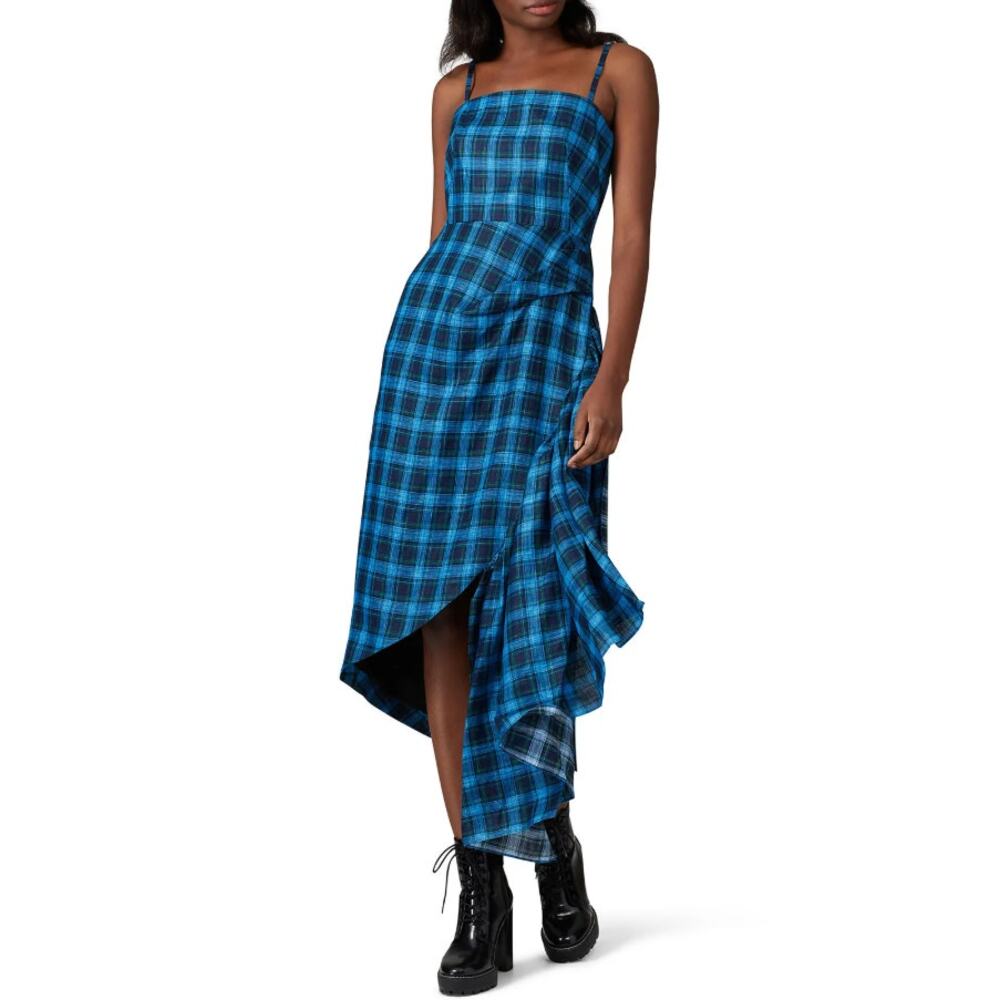 Osman Chantal Gingham Dress Sleeveless Asymmetric Hem Blue Black Womens Size 6